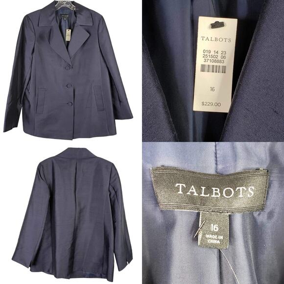 Talbots Blazer Women's Plus Size 16 Blue Dupioni Silk Wool Pockets Jacket New - Picture 2 of 8